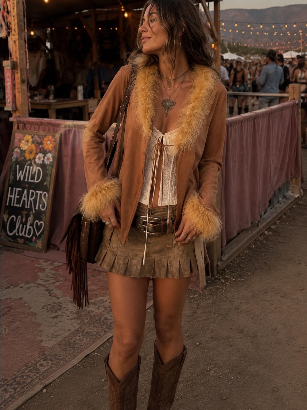 Y2K Faux Suede Feather Trim Tie Front Boho Western Festival Jacket Top Vintage